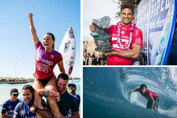 Johanne Defay (à gauche), Michel Bourez (en haut à droit) et Jérémy Florès sont tous les trois membres de l'équipe de Francede surf. 