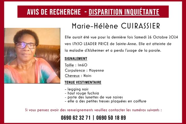 Disparition inquiétante de Marie-Hélène Cuirassier, domiciliée à Sainte-Anne