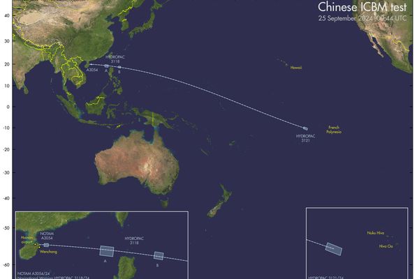 Le "point d'impact de la tête nucléaire simulée se trouvait 'non loin' de la Polynésie française ; 700 kilomètres de Nuku Hiva et 875 kilomètres de Bora Bora."