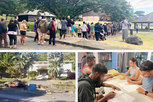 File d'attente pour voter au centre Ko We Kara à Nouméa, mairie de Houaïlou bloquée et dépouillement à celle de Dumbéa.