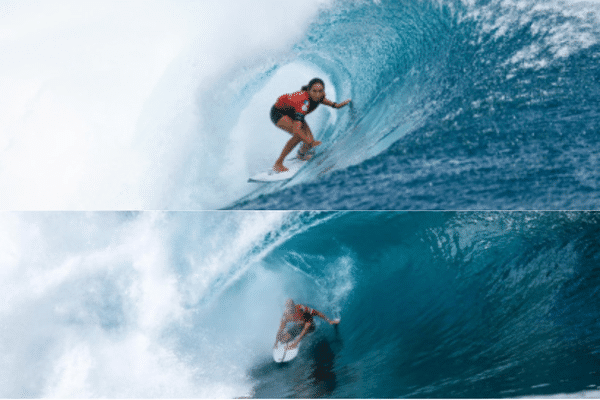 Vahine Fierro (en-haut)  durant la demi-finale de la Shiseido Tahiti Pro en 2023 et Kelly Slater (en bas) à Pipeline.