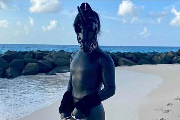 Horsey, la dernière licorne noire profite de la plage à Barbade.