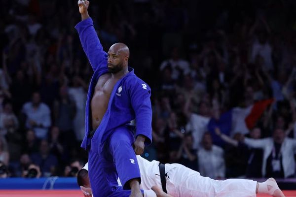 Teddy Riner lors de la compétition par équipes des Jeux olympiques de Paris, le 3 août 2024 à l'Arena Champ-de-Mars.