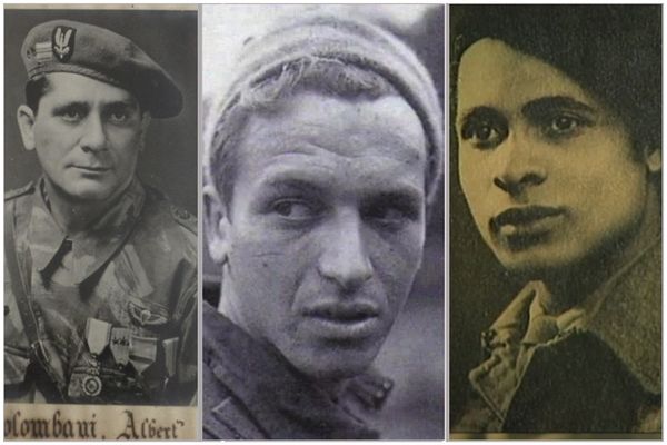 De gauche à droite : Albert Colombani (Tahiti) - Georges Messannot (Saint-Pierre et Miquelon) - Guy Cornély (Guadeloupe) des soldats des outre-mer en Juin 1944.