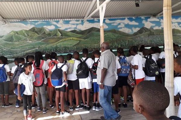 les élèves du collège devant la fresque du cycle de l'eau