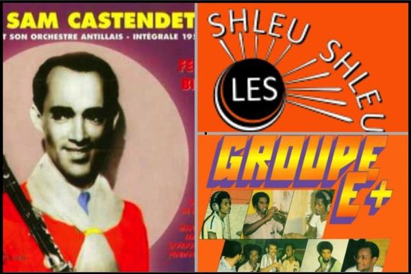 Les pochettes des chansons d'époque sur le crabe : Sam Castendet,  les Shleu Shleu de New York  et Geno Exilie avec le groupe E+