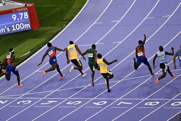 La ligne d'arrivée du 100 m hommes des Jeux olympiques de Paris, le 4 août 2024