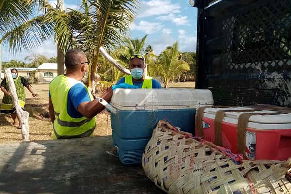 Des agents municipaux de Lifou collectent les colis de produits alimentaires dans le Wetr, le 29 septembre.
