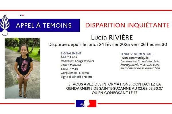 La gendarmerie de Sainte-Suzanne lance un appel à témoins suite à la disparition inquiétante de Lucia Rivière, 14 ans.