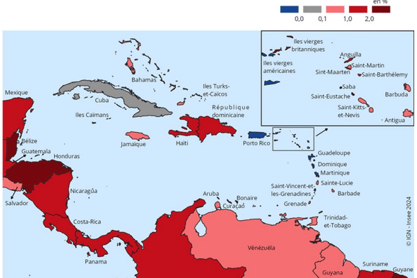 Taux de croissance annuel moyen des 40 territoires de la grande caraïbe entre 2000 et 2020 - révision 2024.