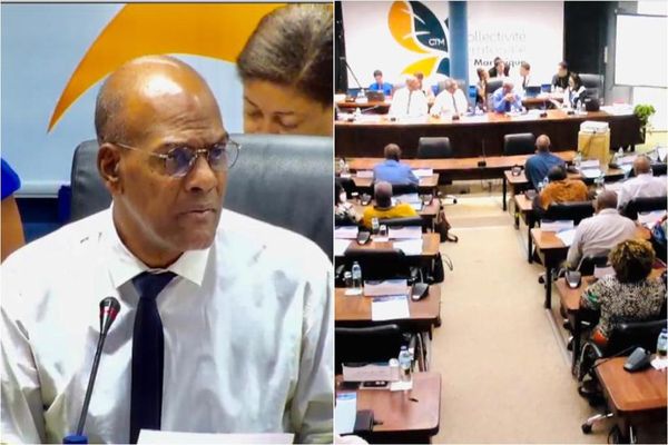 Serge Letchimy, président du conseil exécutif de la Collectivité Territoriale de Martinique, face aux élus présents lors du congrès du vendredi 28 juillet 2023 à Fort-de-France.