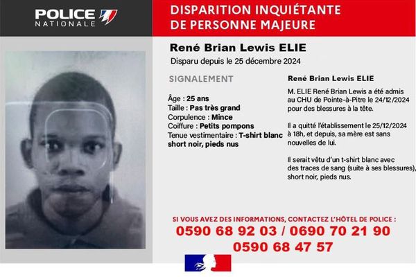 Un avis de disparition inquiétante a été émis au sujet de René Brian Lewis ELIE, Dominiquais de 25 ans dont on est sans nouvelle depuis le 25 décembre 2024.