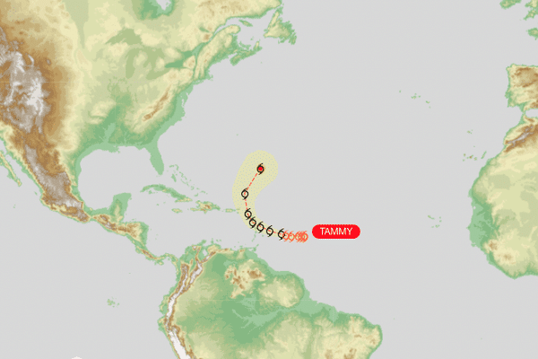 Trajectoire de la mpête Tammy (jeudi 18 octobre 2023).