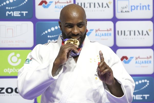 Teddy Riner, médaille d'or chez les + de 100 kg,  lors des Mondiaux de judo à Doha, au Qatar, le 13 Mai 2023