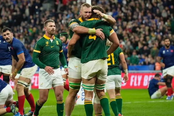 La joie des Springboks, lors du quart de finale de Coupe du monde entre la France et l'Afrique du Sud, le 15 octobre 2023 au Stade de France.