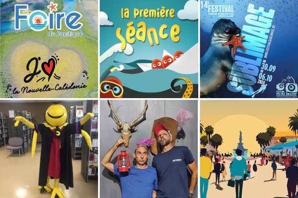 Affiches 2024 pour la foire du Pacifique, le festival La Première séance et celui dédié aux images sous-marines, avec un cosplay de Go manga !, une représentation des "Comédies broussardes" et le visuel du vide-greniers place des Cocotiers.