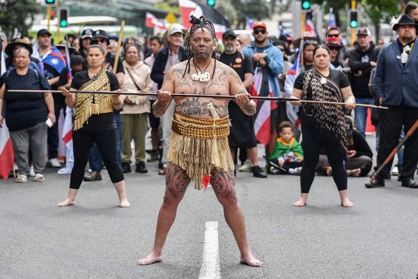 Scène de manifestation à Wellington, le 19 novembre 2024, alors que milliers de Maoris et d'habitants les soutenant protestent contre le "treaty principles bill".