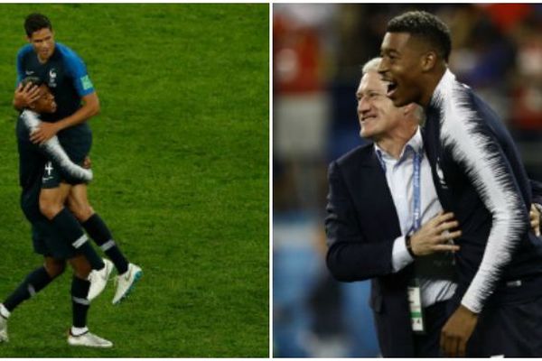 Presnel Kimpembé avec Raphaël Varane et Didier Deschamps - France-Belgique - Mondial 2018 en Russie