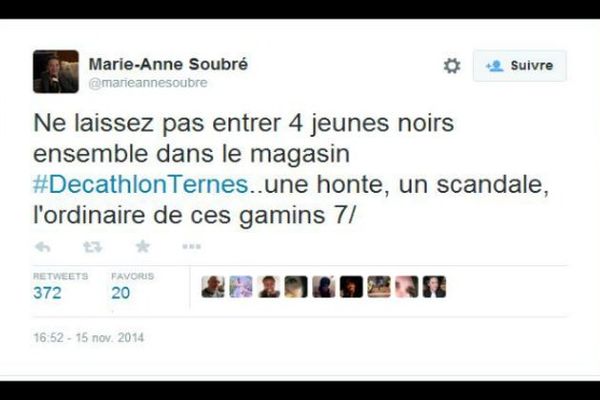 Tweet Marie-Anne Soubré / Discrimination Paris 