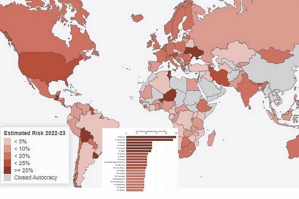 Cette carte du monde publiée par l'institut Varietes of Democraties permet de visualiser, la situation mondiale. Les pays gris sont des autocraties. L'échelle des couleurs va de rose pour les démocraties enviables à rouge sombre pour les plus déficientes