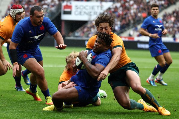 Jonathan Danty lors de la rencontre du XV de France face à l'Australie ce dimanche 27 août. Il s'agissait du dernier match de préparation des Bleus avant le Coupe du monde de rugby.