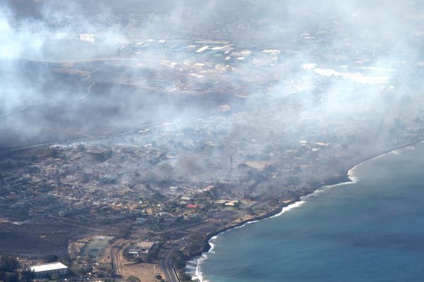 Une vue aérienne des incendies à Lahaina, sur l'île hawaïenne de Maui (Etats-Unis), le 9 août 2023.