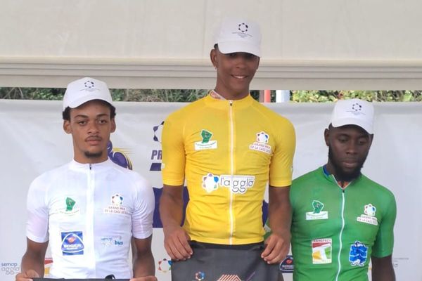 Le podium de la 1ère étape du Grand prix de la CACL : Mario Jandia, maillot jaune et Dave Fraumar,maillot vert vainqueur de l'étape