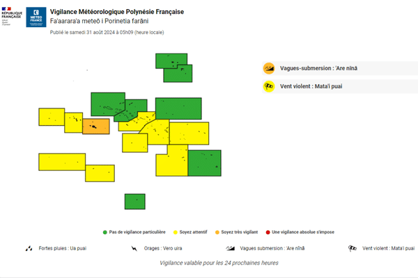 Le bulletin Météo France du samedi 31 août 2024 publié à 5h09 place les îles du Vent en alerte orange pour vagues-submersion. Il est valable pour les 24 prochaines heures.