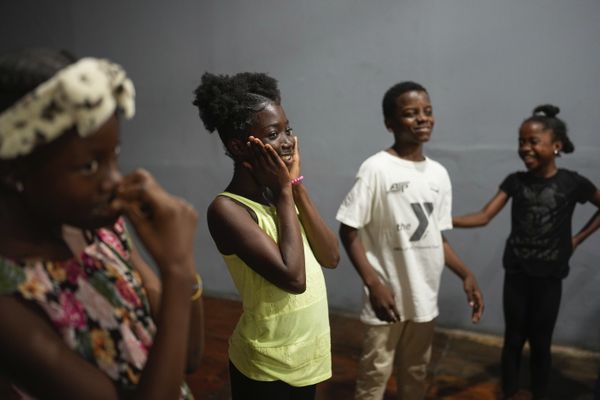 Juliana St. Vil, 12, who now lives in a shelter after fleeing gang violence in her neighborhood, rehearses her role in a skit for an acting workshop called “Theater Curbs Violence” in Port-au-Prince, Haiti, on Wednesday, May 15, 2024. The skit, which depicts life in a shelter in Haiti, will be performed for the public at the end of the two-week workshop.