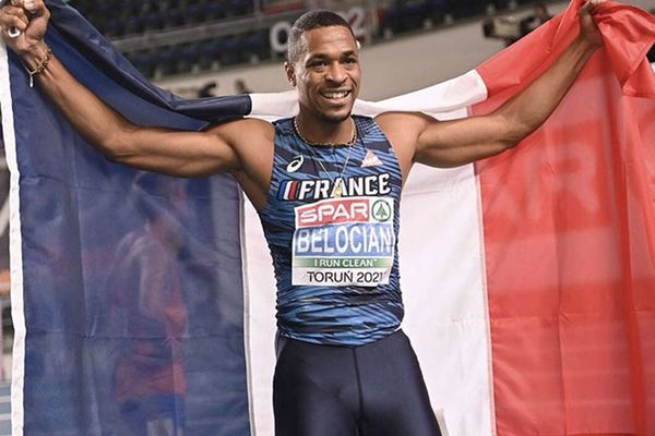 L'athlète guadeloupéen Wilhem Belocian, champion d'Europe du 60 mètres haies en 2021 à Torun en Pologne.