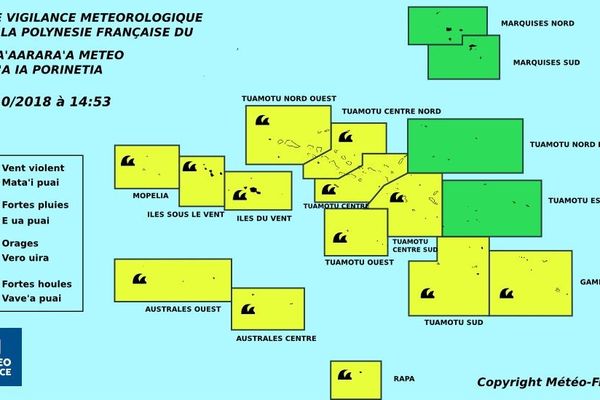 Vigilance jaune partout sauf aux Marquises et sur l'est des Tuamotu