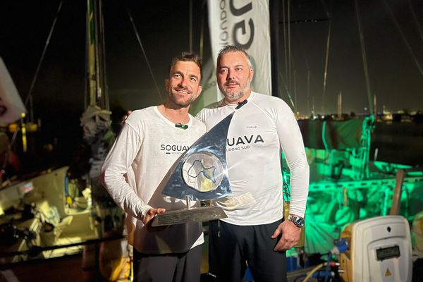 Le skipper Ulysse Pozzoli et le sponsor Fernand Grégorio étaient à bord du Class40 qui a établi un chrono de référence autour de la Guadeloupe - 27/11/2024.