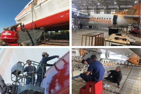 A gauche, le Betico en carénage à la cale de Nouville. A droite, un avion d'Aircal révisé à Magenta.