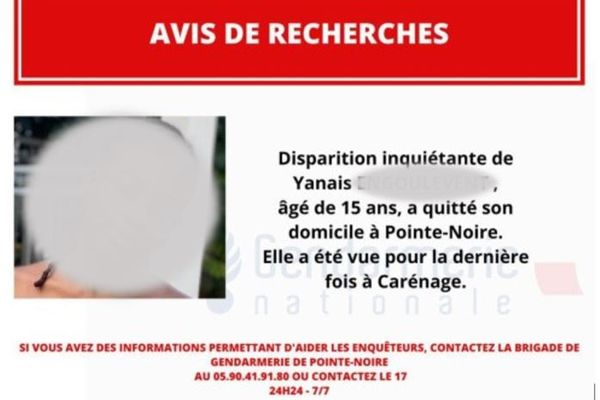 Suite au signalement de sa famille, la gendarmerie de Pointe-Noire recherchait Yanais, 15 ans - 19/02/2024.