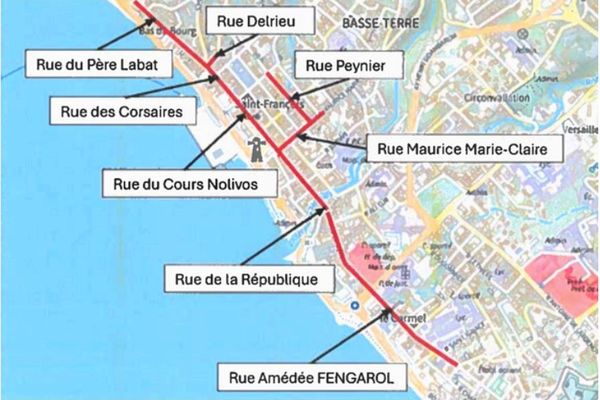 Périmètre du centre-ville de Basse-Terre concerné par la réglementation municipale - 02/01/2025 au 02/02/2025.