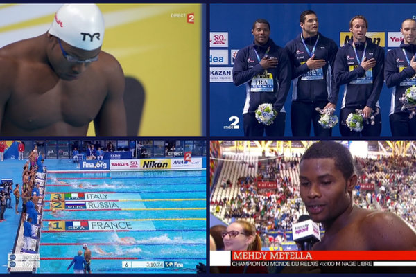 Le Guyanais Mehdy Metella, Florent Manaudou, Fabien Gilot et Jérémy Stravius ont conservé leur titre de champions du monde en relais 4 x 100 m nage libre, le 2 août 2015, à Kazan, en Russie.