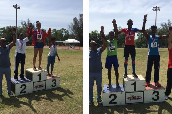 (A gauche), Doliane Celamen, médaille d'argent (2e) sur 100m chez les filles de moins de 18 ans.
(A droite), Jean Christophe Duranty, médaille de bronze (3e) sur 100m chez les garçons de moins de 18 ans.