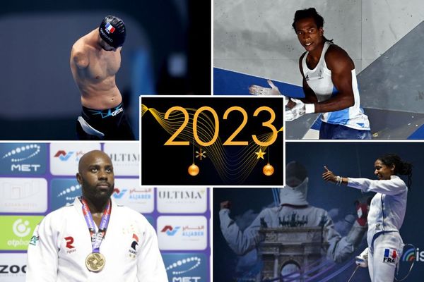 Les sportifs ultramarins de 2023. De gauche à droite, de haut en bas : Laurent Chardard, Mickaël Mawem, Teddy Riner et Marie-Florence Candassamy.