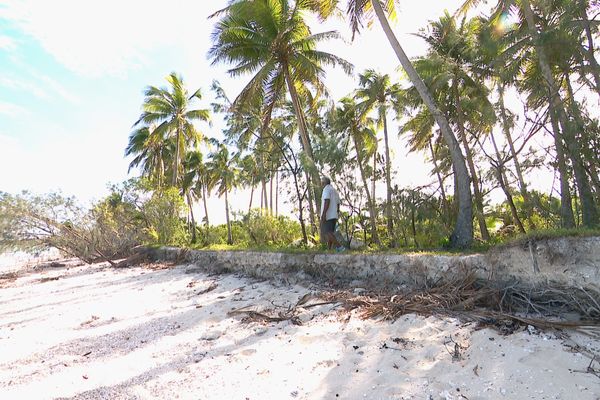 La montée des eaux continue de faire des dégâts à Ouvéa, sur la plus petite des trois îles Loyauté. Elle est particulièrement visible en bord de plage.