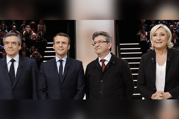François Fillon, Emmnuel Macron, Jean-Luc Mélenchon et Marine Le Pen, lors du débat télévisé de TF1, le 20 mars 2017. 