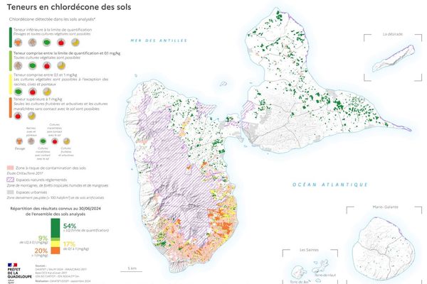 Carte des teneurs en chlordécone des sols de Guadeloupe 2024