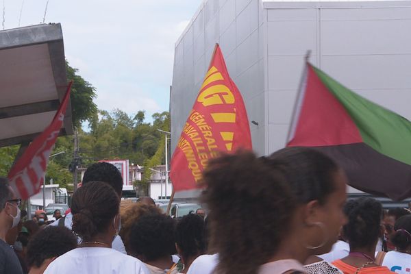 Drapeaux et manifestants devant la Direction de l'Economie, de l'Emploi, du Travail et des Solidarités.