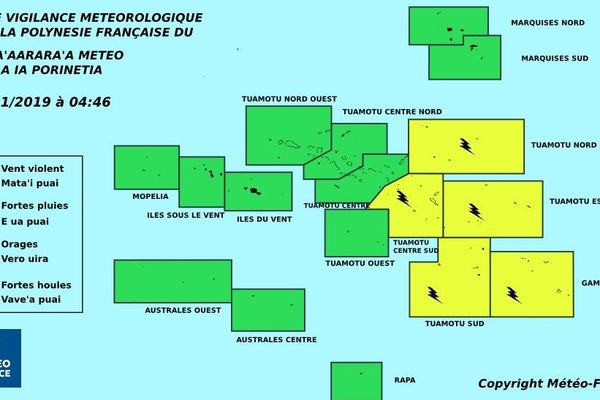 Vigilance jaune pour les orages sur les Tuamotu Est et les Gambier