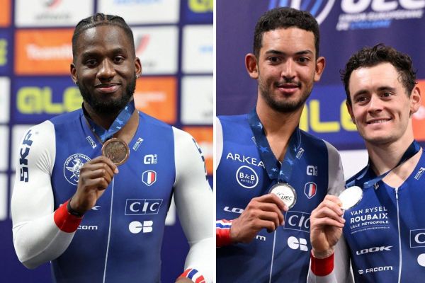 Melvin Landerneau (à gauche), Donavan Grondin et son coéquipier Thomas Boudat (à droite) ont été médaillés aux championnats d'Europe de cyclisme sur piste à Apeldoorn, le 11 janvier 2024.