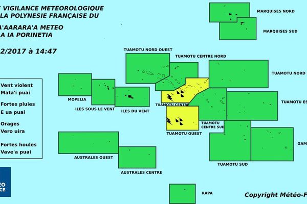 Vigilance jaune pour les orages et les fortes pluies aux Tuamotu centre et ouest