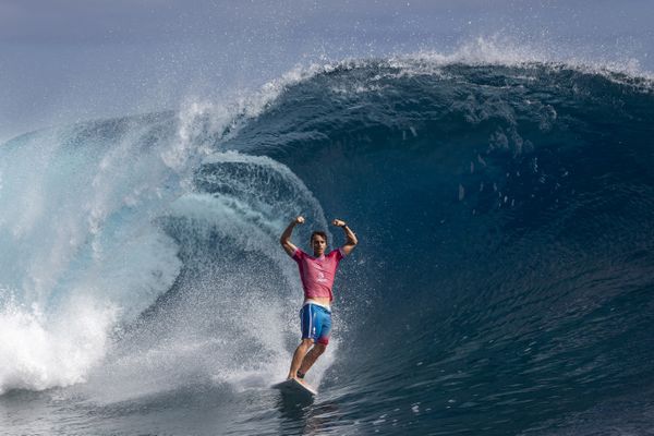 Kauli Vaast, médaillé d'or en sur lors des JO Paris 2024,  lors de sa finale à Tahiti, le 6 août 2024