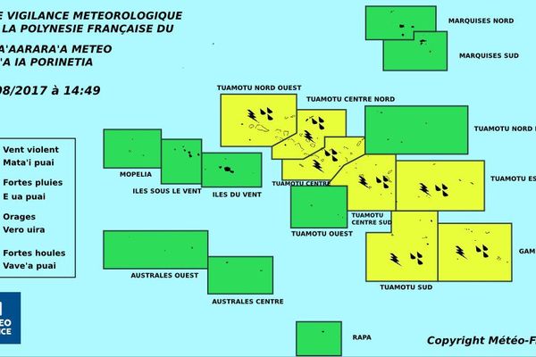 La majeure partie des Tuamotu Gambier en vigilance jaune fortes pluies et orages