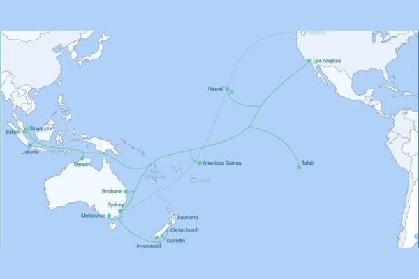 Le câble sous-marin Hawaiki, en service depuis 2018, est en gris. Le nouveau câble sous-marin Hawaiki Nui est en vert.