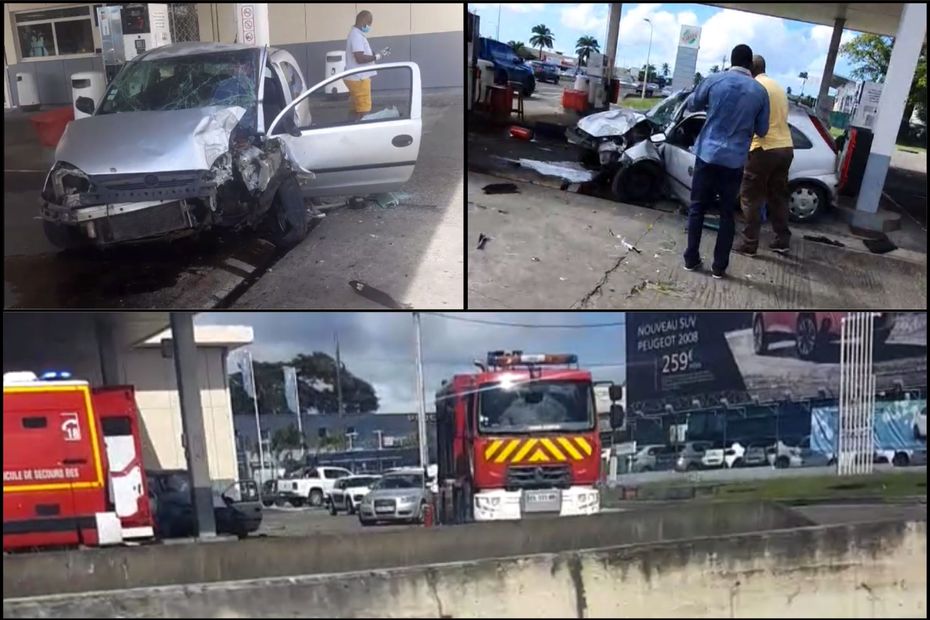 A car crashes into the Lareinty service station in Lamentin