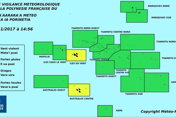 Vigilance jaune pour les fortes pluies aux Iles Du Vent et aux Australes centre